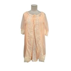 Vintage Movie Star Peignoir Set Nightgown Robe Peach Chiffon Lace Size Small